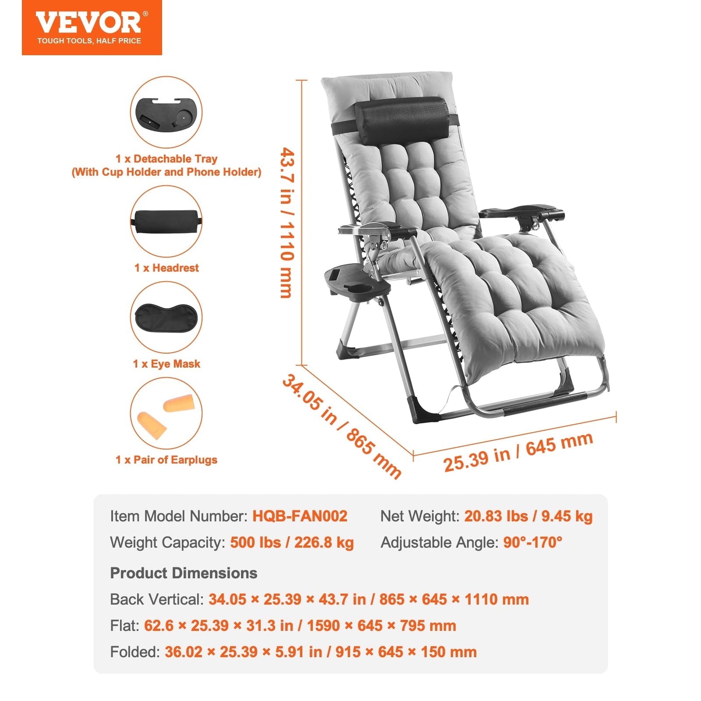 VEVOR Zero Gravity Chair, 26 inch Zero Gravity Recliner Lounge Chair for Indoor and Outdoor, Adjustable Anti Gravity Chair with Cushion, Headrest, Footrest, and Cupholder, 500 lbs, Gray