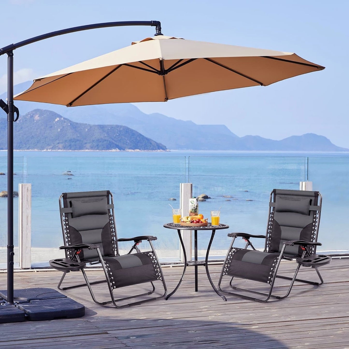 29in Full Padded Zero Gravity Chair Oversized Outdoor Patio Folding Lounger, Adjustable Portable Zero Gravity Recliner with Side Cup Tray, Pillow with Carry Strap for Beach, Pool, Gray/Black