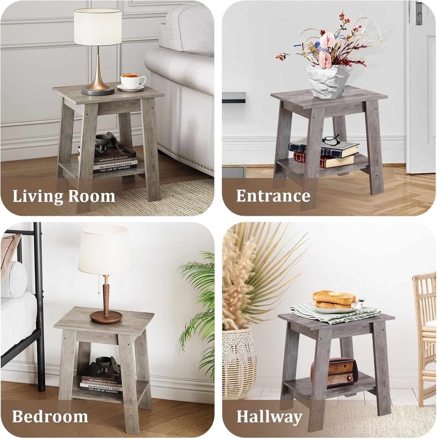 Riedhoff Wooden End Table, Farmhouse 2-Layer Storage Shelves, 15.51 x 11.81 x 18.98", 2 Piece, Gray