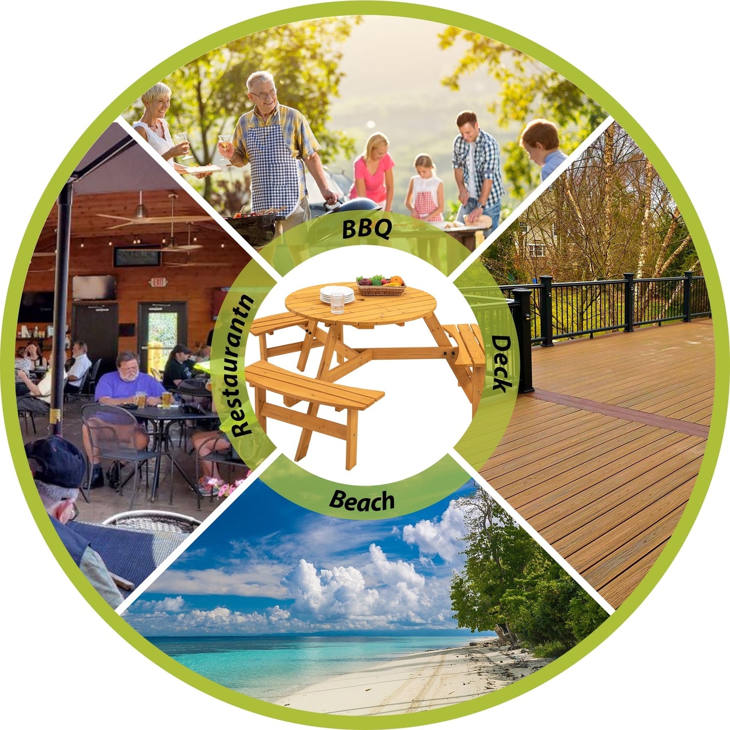 6-Person Outdoor Circular Wooden Picnic Table with 3 Built-in Benches for Patio Backyard Garden(Natural)