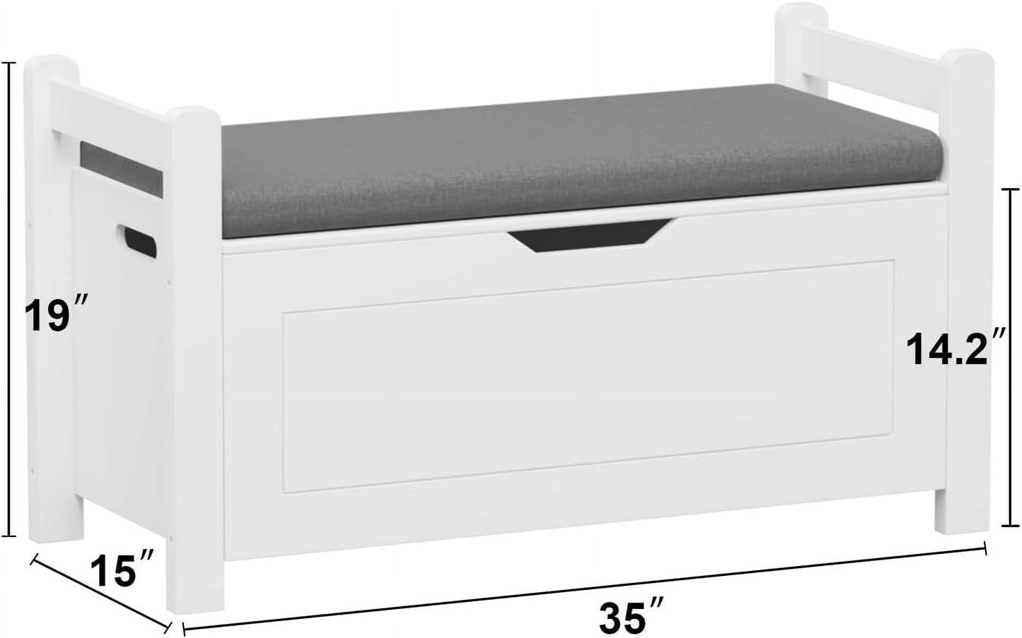 35"" White Entryway Storage Bench with Cushion - Wooden Toy Box with Safety Hinges, Shoe Bench for Living Room & Bedroom