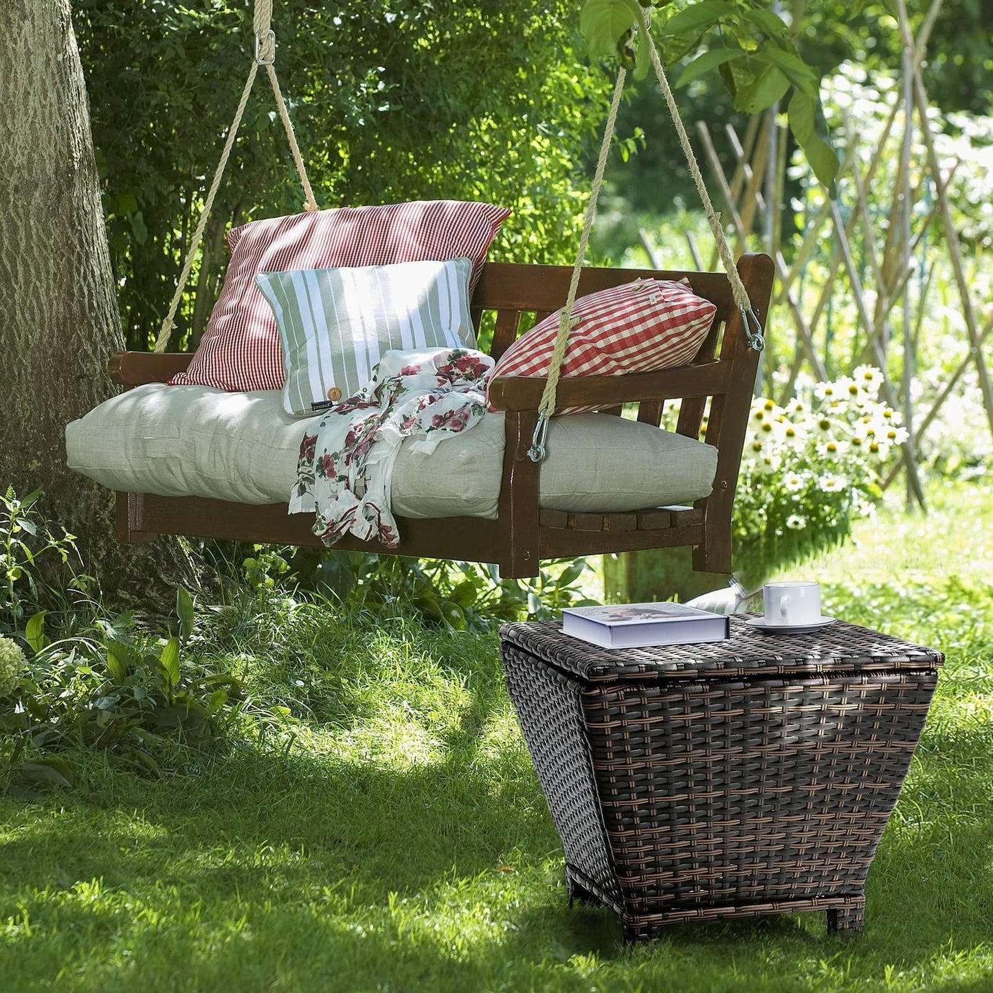 Outdoor Storage Box 13 Gallon, Wicker Deck Box with Lid, Small Bin for Garden Porch, Rattan Coffee Table and Seat, Brown