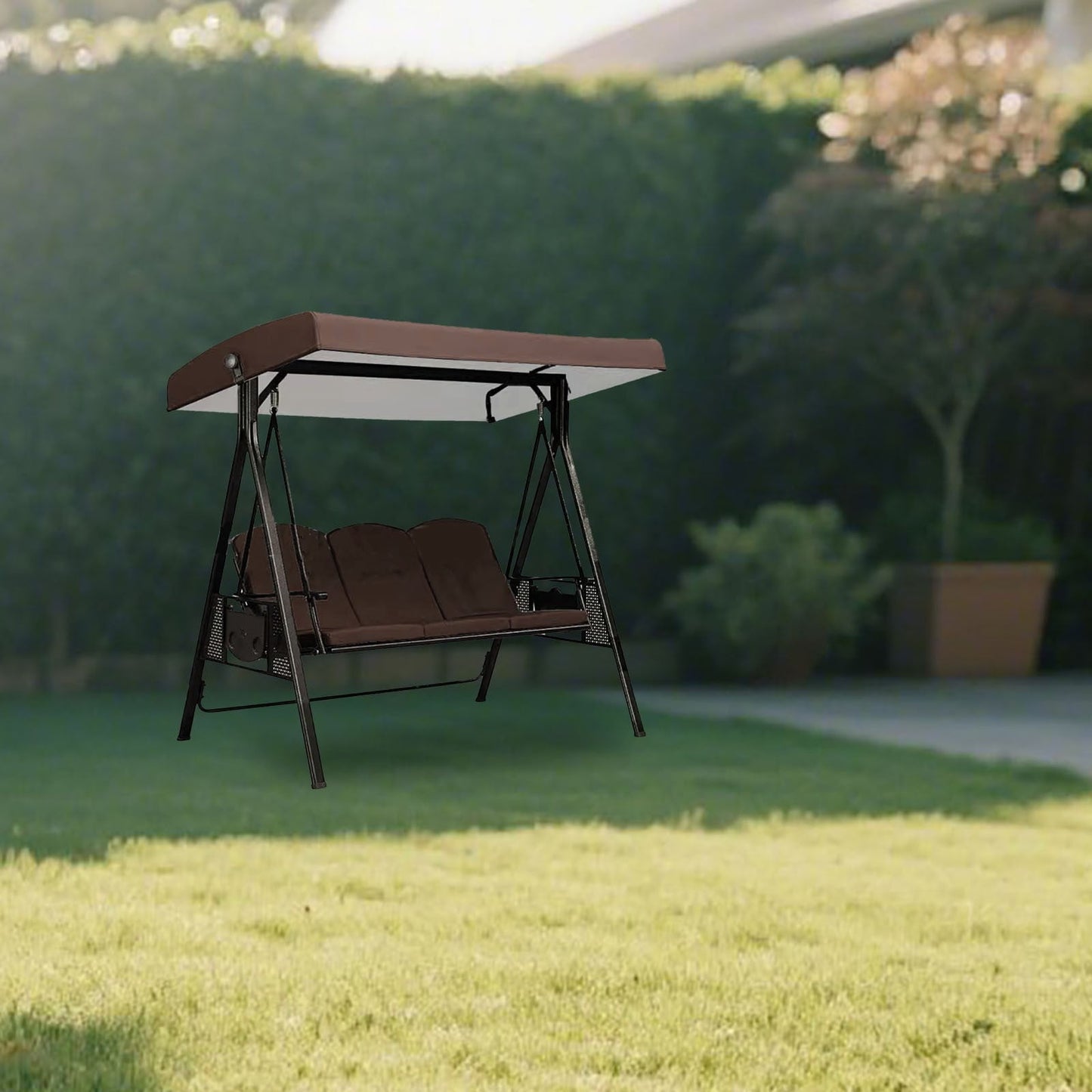 3-Seat Outdoor Patio Porch Swing with Adjustable Tilt Canopy, Cushions and Pillow Included (Excluding iron frame chairs)