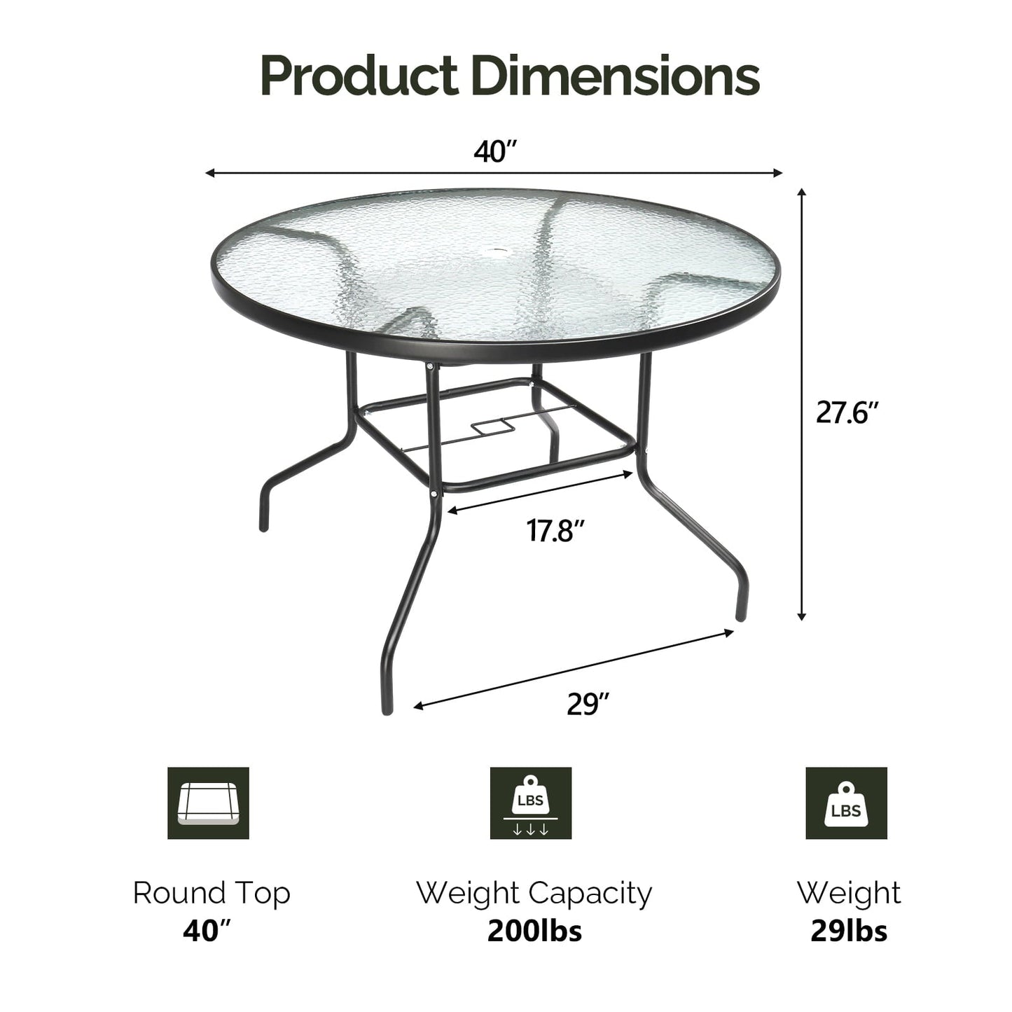 Zimtown 41.3 In Outdoor Glass Table, Patio Round Table, Dining Table with Tempered Glass Tabletop for Indoor, Steel Frame for Yard Lawn Porch Balcony