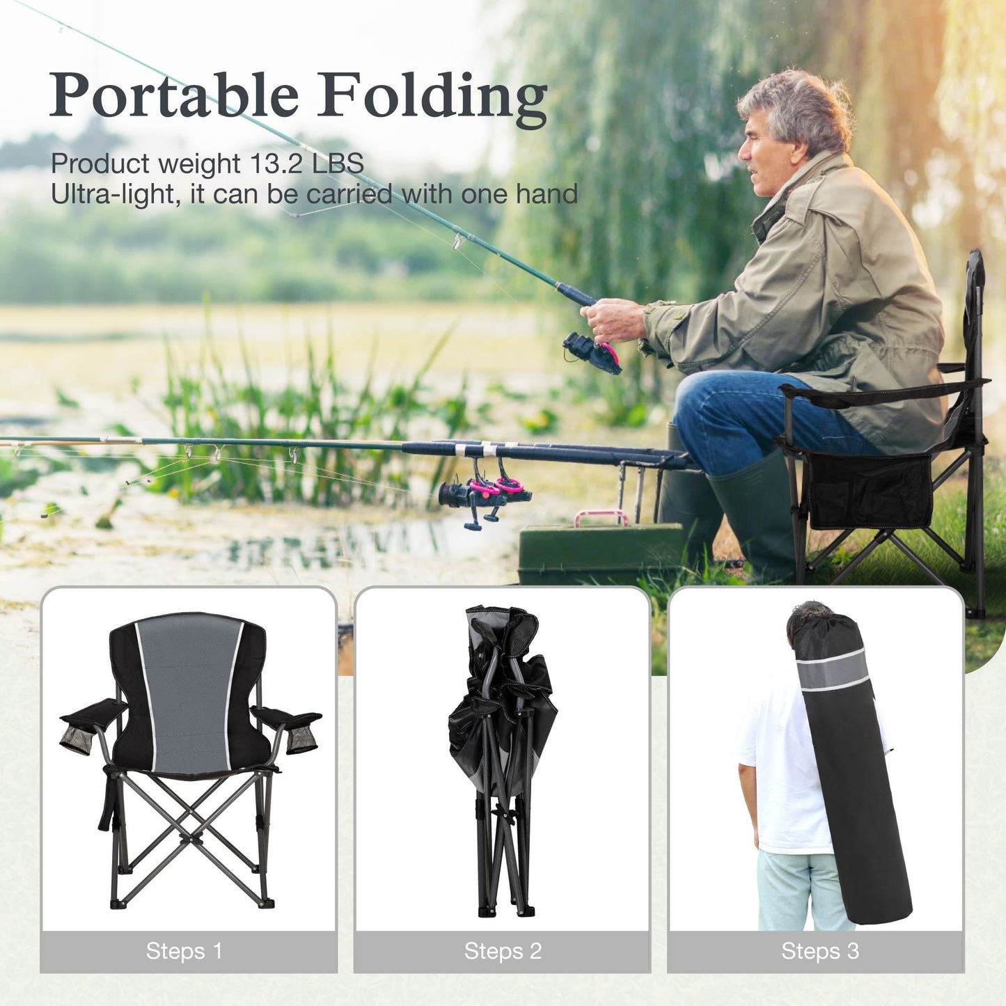Sophia & William Oversized Camping Chair Outdoor Portable Folding Chair Heavy-Duty Steel Frame Support 350 lbs, 2 Pack, Gray