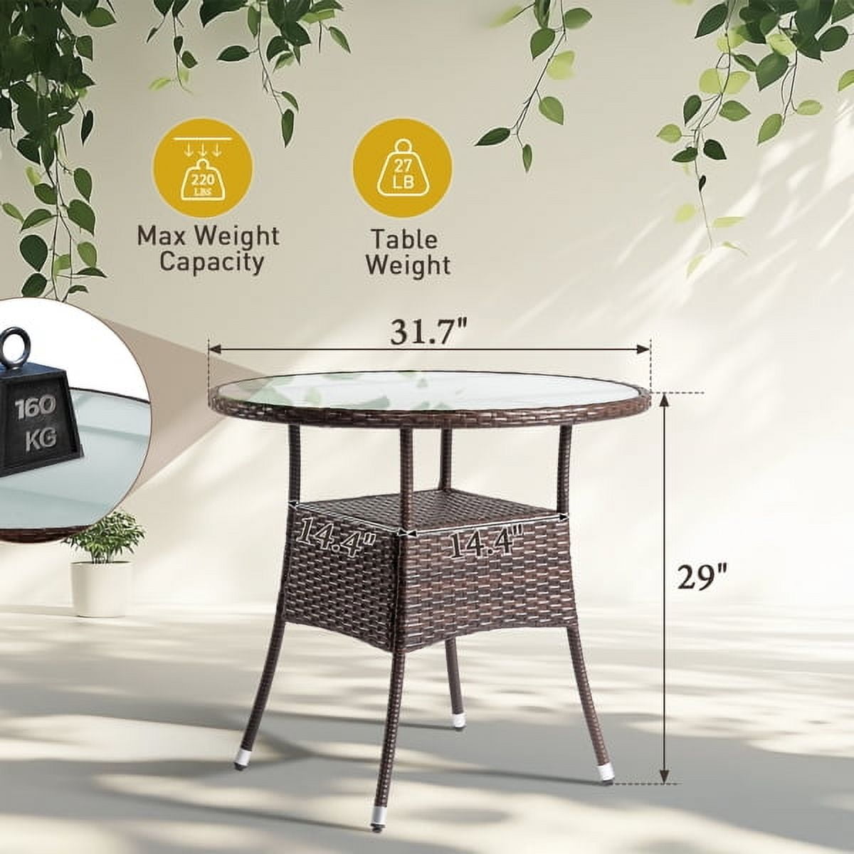 31.5" Patio Table for 4-Person, Outdoor Patio Wicker Round Dining Table, All-Weather Rattan Bistro Dining Table w/Glass Tabletop for Backyard Deck Porch Poolside, Brown
