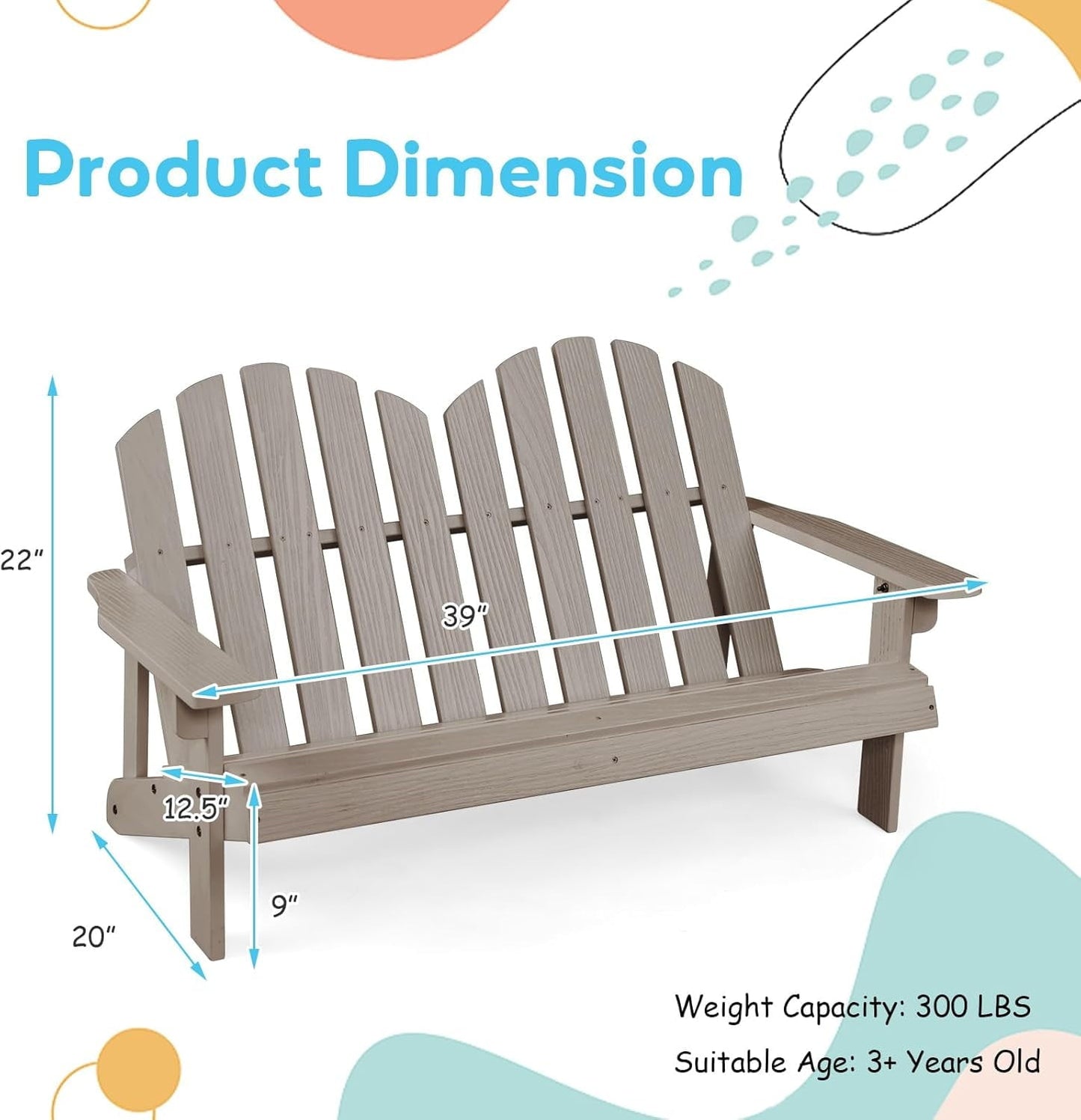 ZgoodZ Small  2-Seat Adirondack Chair - Fir Wood Double Loveseat with High Backrest,Arm Rest,300 LBS Weight Capacity, Outdoor All Weather Porch Chair for Balcony,Backyard,Poolside,Yard(Khaki Grey)