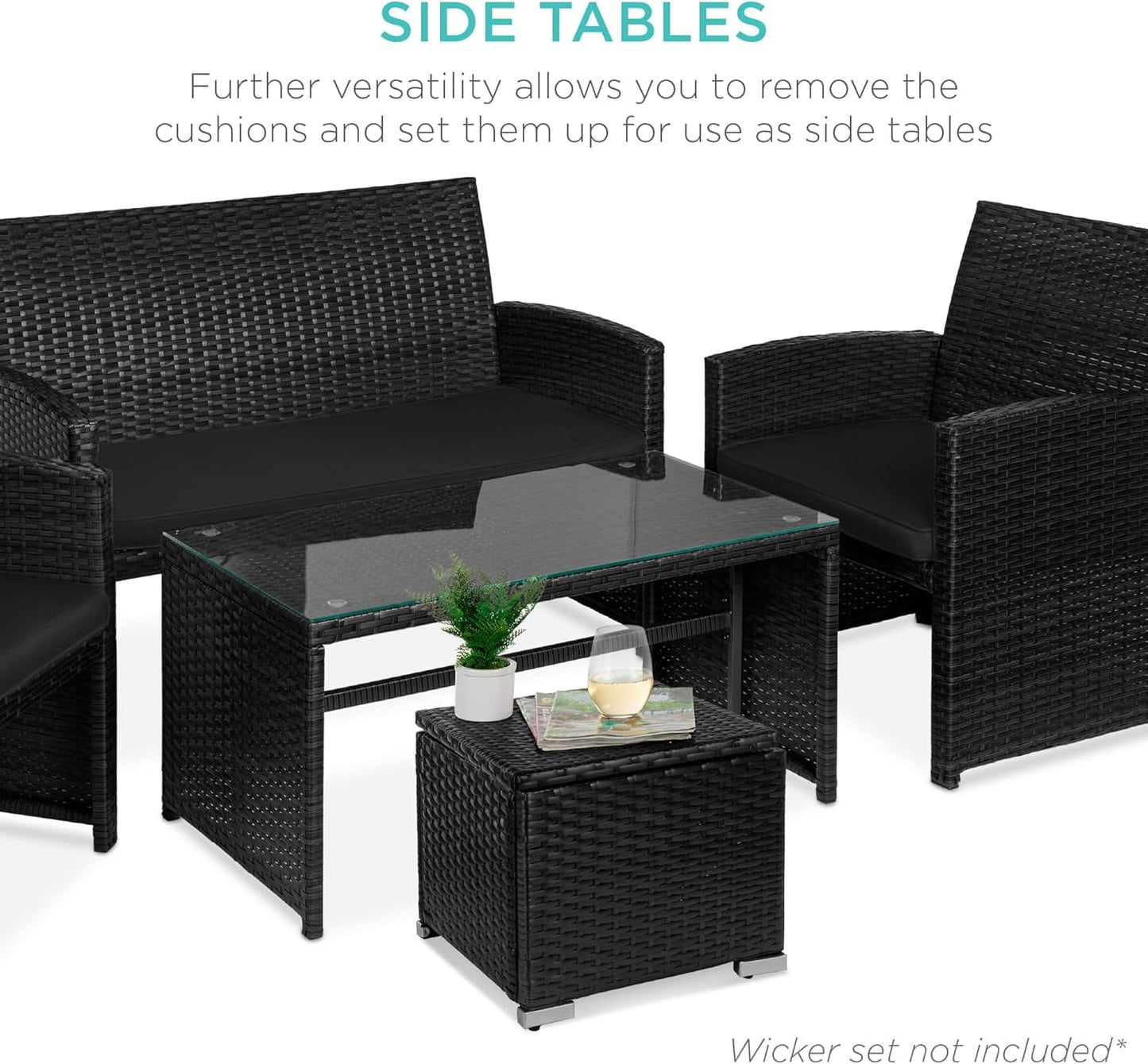 SUPQ Set of 2 Wicker Ottomans, Multipurpose Outdoor Furniture for Patio, Backyard, Additional Seating, Footrest, Side Table w/Storage, Removable Cushions - Black/Black