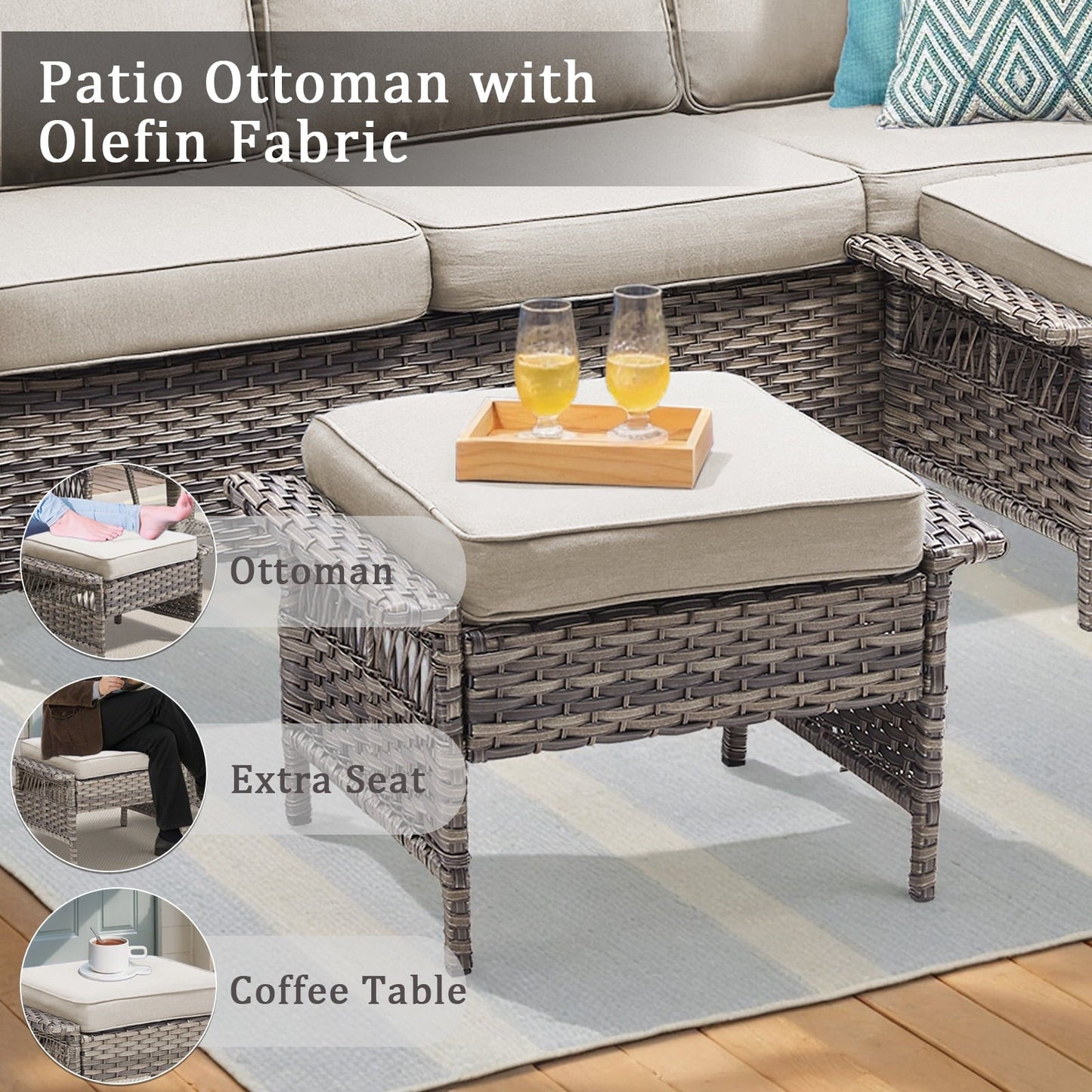 Feishominhoo Outdoor Swivel Rocker Patio Chairs,Gray Wicker Rocking Glider Chairs Set of 2 with Ottomans, Side Table and Beige Cushions Outdoor Patio Furniture for Balcony Porch Deck