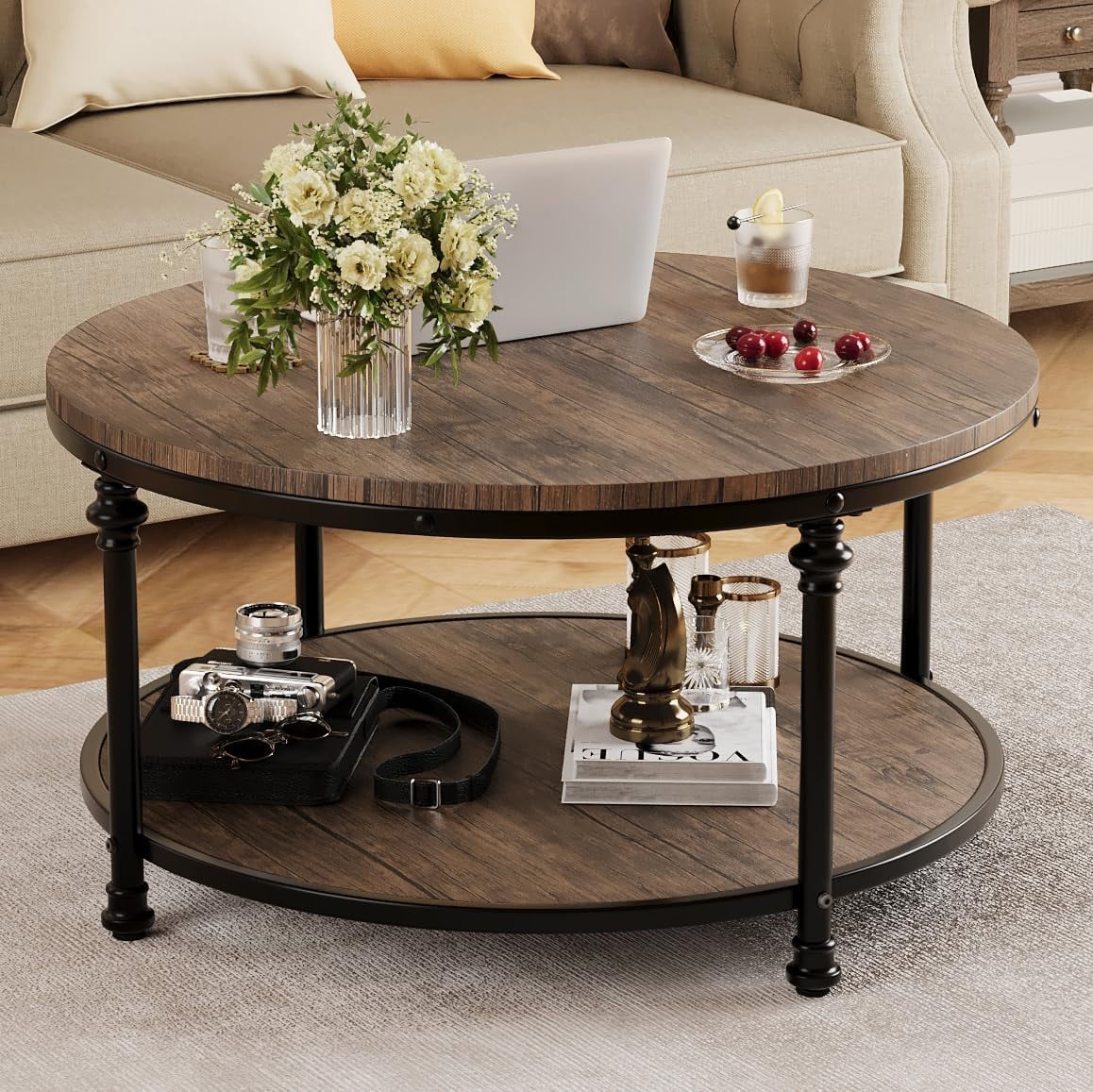 2-Tier Round Wood Coffee Table With Storage Shelf & Roman Column Metal Frame – Rustic Circle Center Table With Easy Assembly for Living Room, Reception Room ,30.5" x 30.5" x 18", Wood Grain Brown