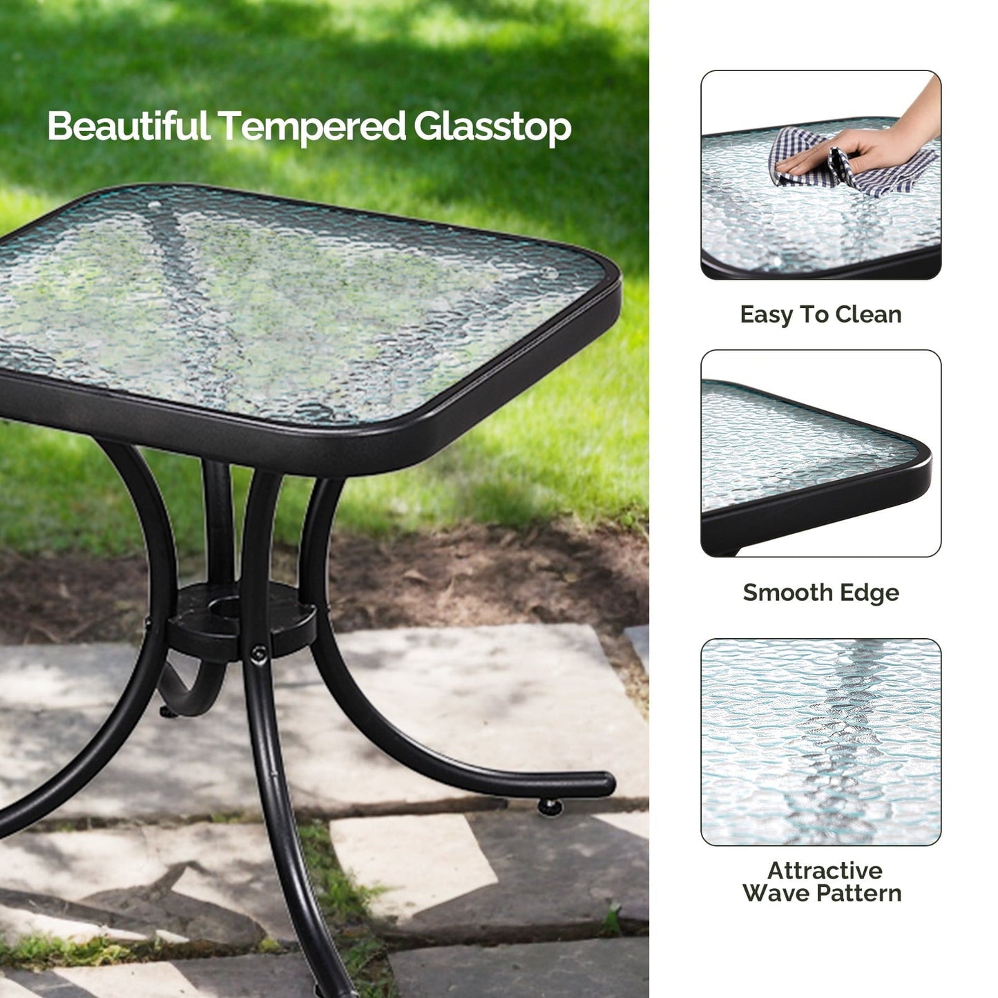 Zimtown 18" Square Tempered Glass Outdoor Patio Side Table, Metal Frame End Table, Black