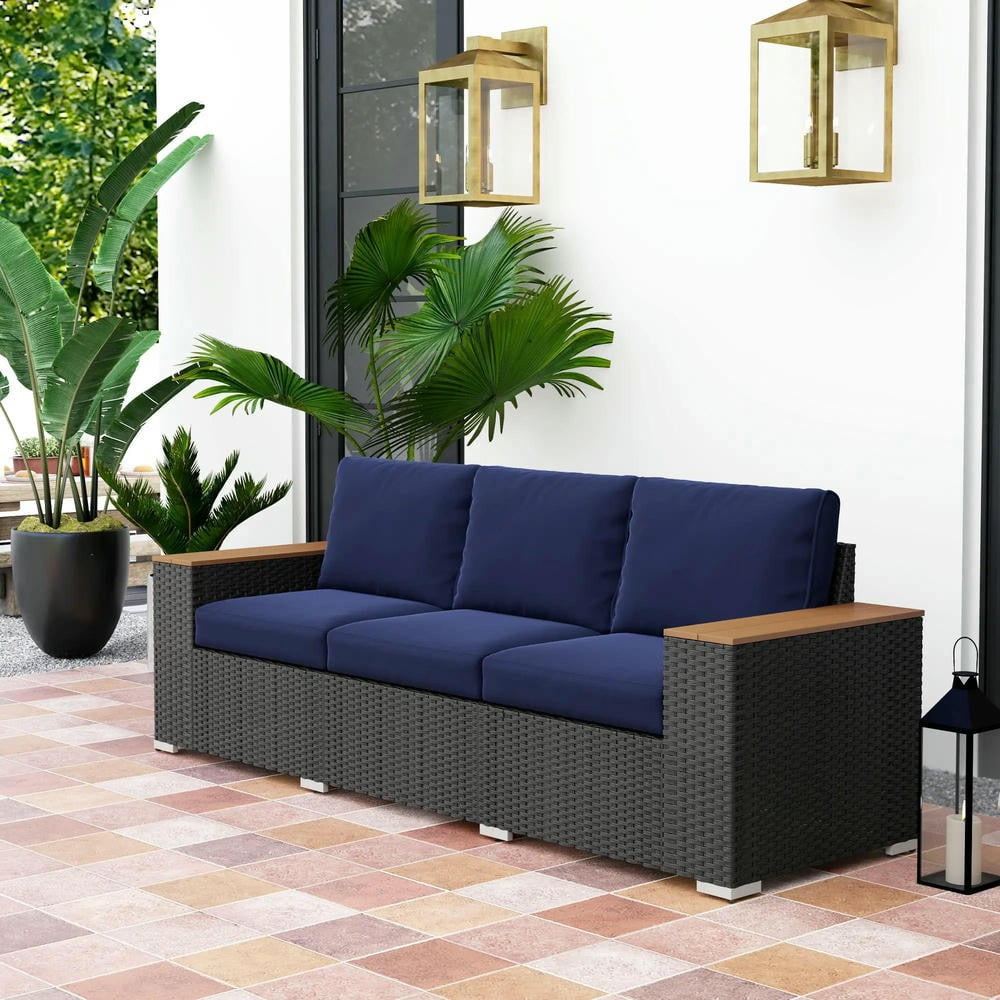 Barara King Patio Outdoor Sofa,3-Seat Outdoor Patio Sofa with Cushions, PE Rattan Wicker Sofa with Wide Armrests, Outdoor Wicker Couch, Navy Blue