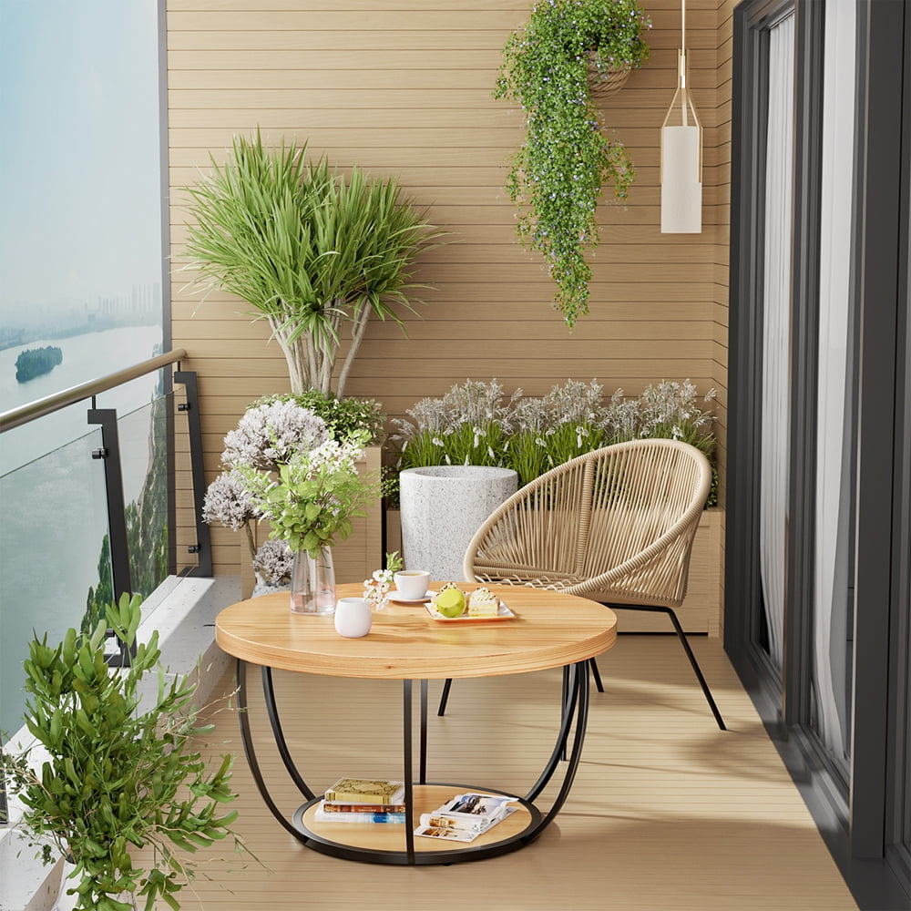 YINGYING 31.5" Round Coffee Table, 2-Tier Accent Center Table, Small Wood Coffee Table with Storage, Modern Cocktail Table for Living Room