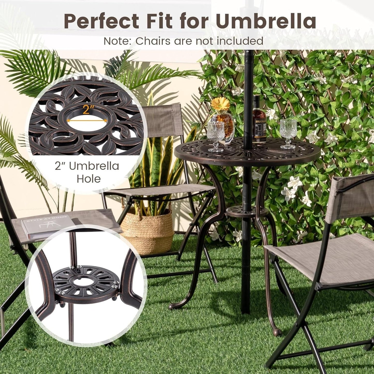 ZDOOR 24” Patio Bistro Table, Cast Aluminum Outdoor Side Table with 2" Umbrella Hole, All-Weather Resistant Round Patio Dining Table for 2 for Front Porch, Pool, Backyard, Garden, Balcony