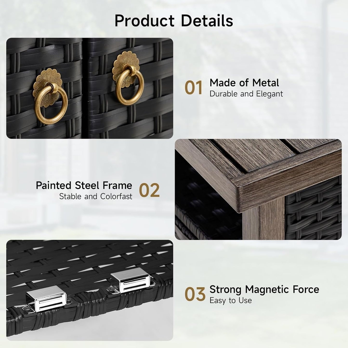 WANSHUN Outdoor Storage Cabinet, Woven Rattan Bar Table with 2 Doors, Slatted-Top, Wicker Console Table for Patio, Garden, Backyard, Kitchen - Black