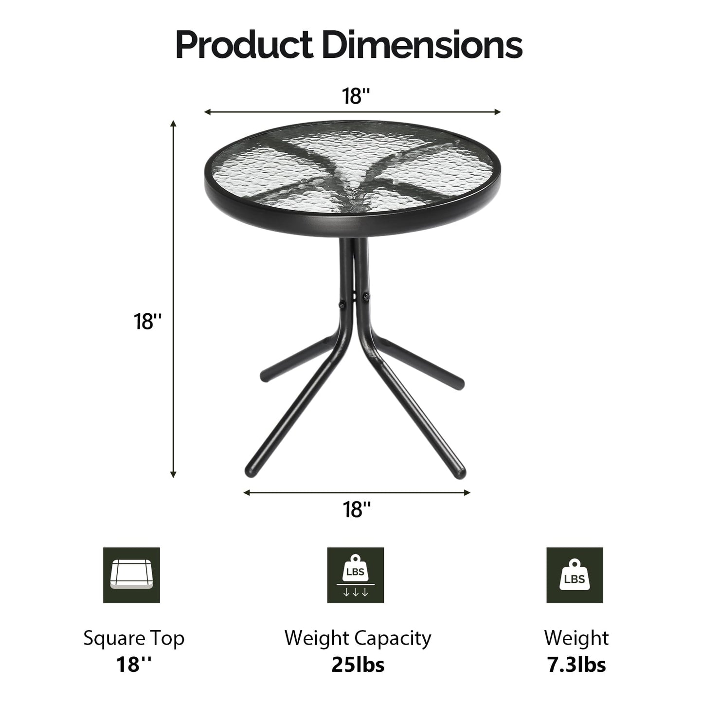 Zimtown 18" Round Tempered Glass Outdoor Patio Side Table, Metal Frame End Table, Black