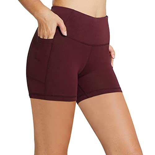 BALEAF Biker Shorts Women Yoga Gym Workout Spandex Running Volleyball Tummy Control Compression Shorts with Pockets 5" Wine Red XS