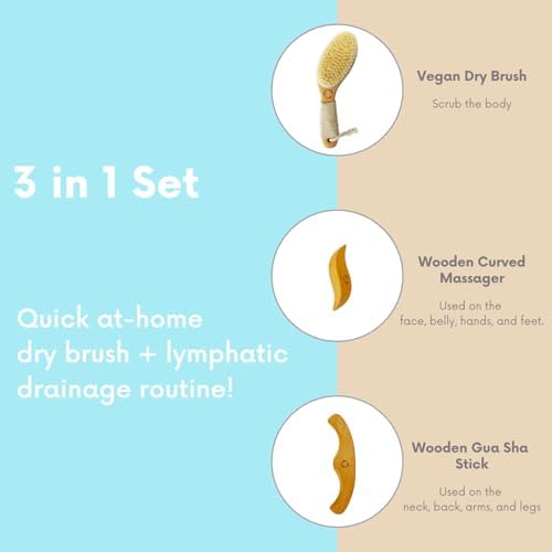 Dry Brushing Body Brush for Lymphatic Drainage-Vegan Dry Brush with Contoured Non-Slip Handle +Wood Therapy Massage Tools. Maderoterapia Kit, Gua Sha, Anti-Cellulite, Body Sculpting, Sensitive Skin
