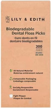 LILY & EDITH Plant Based Dental Floss Picks Adults and Kids 300 Counts, Fluoride-Free, Plant Based Straw Wheat, Earth Friend, Zero Waste Package, Shred Resistant (Unflavored)