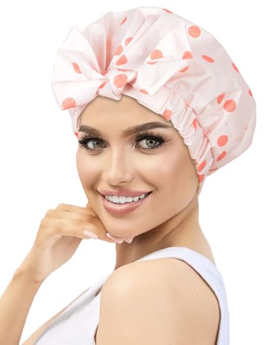 Shower Cap Luxury Shower Caps for Women Reusable Waterproof Hair Cap for Shower with Adjustable Bowknot Hair Bath Cap (Pink)