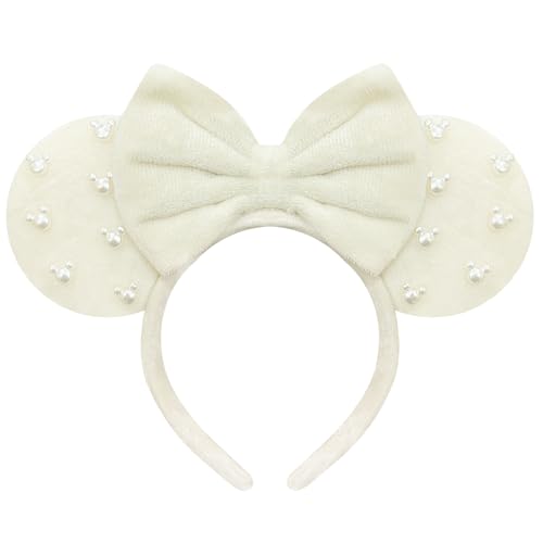 Trnerm Beige Fuzzy Mouse Ears Headband for Women, Cute Beads Headband with Bows,Halloween Costume Accessory