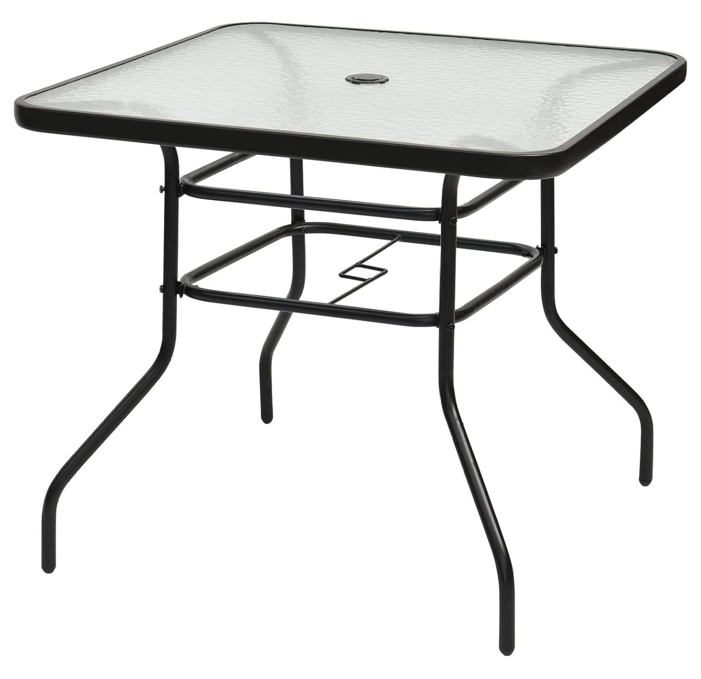 32'' Patio Table with Umbrella Hole, Outdoor Bistro Table w/Tempered Glass Top & Sturdy Metal Frame, Square Patio Dining Table Coffee Table for Garden, Balcony, Poolside