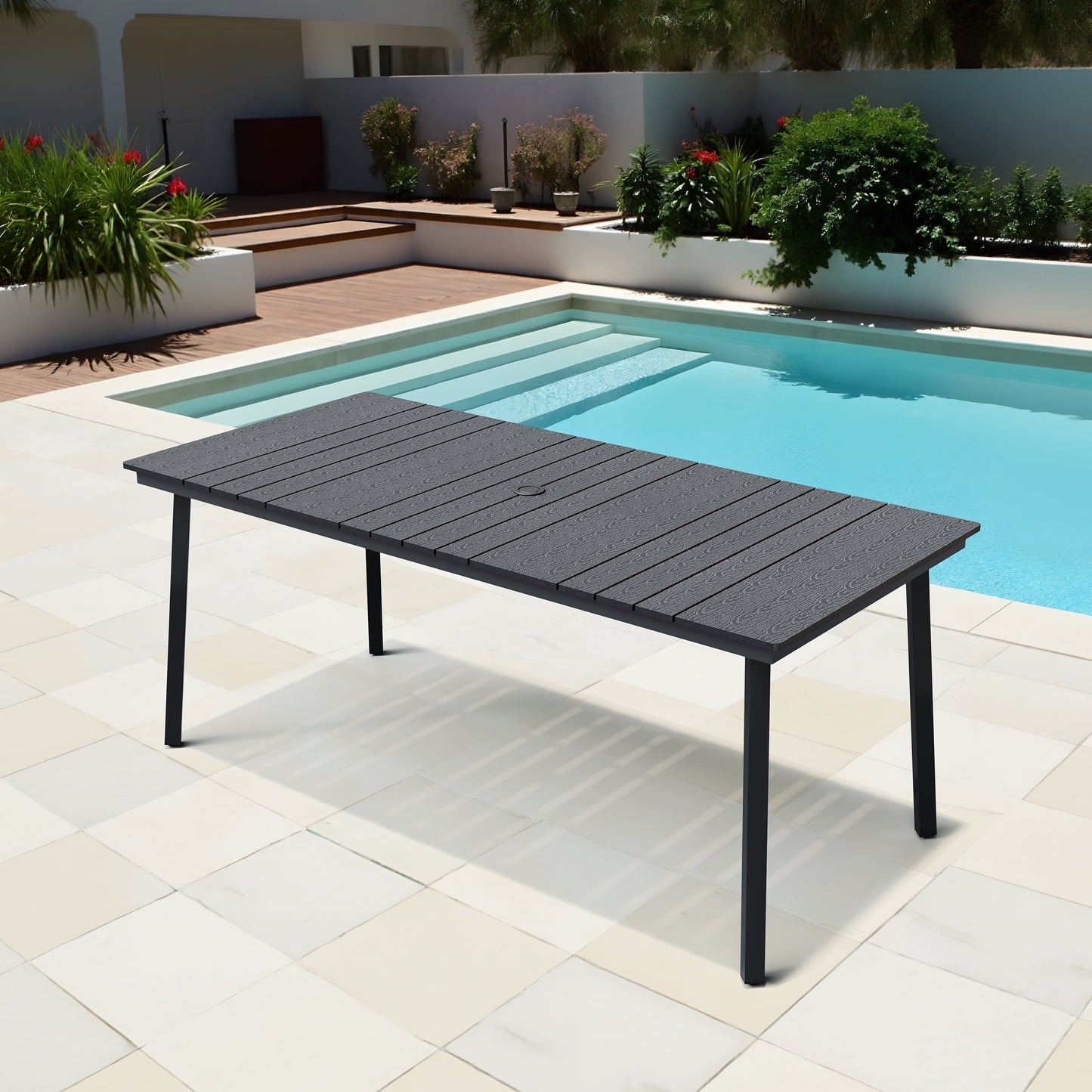 Pellebant 70.5" Outdoor Aluminum Patio Dining Table for 6-8 People, All-Weather Rectangle Table with Umbrella Hole for Garden, Deck, Lawn,Black