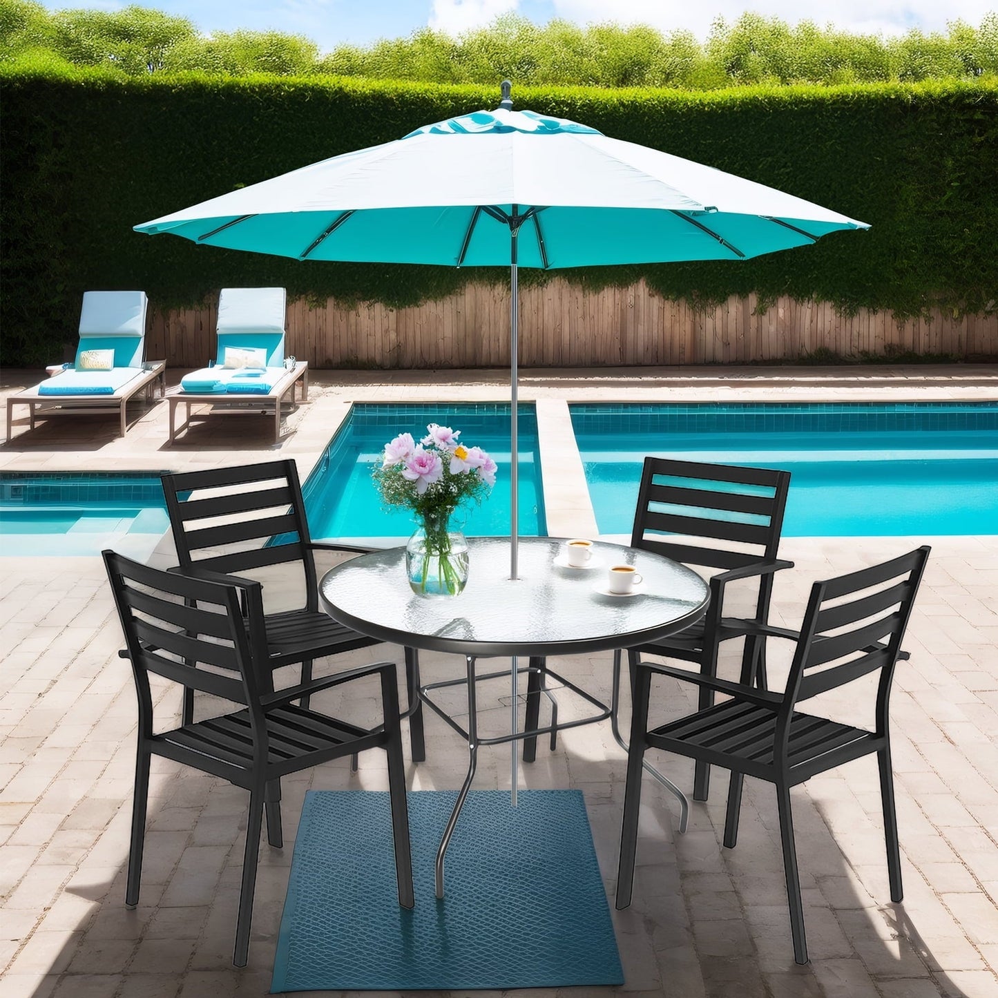 Zimtown 41.3 In Outdoor Glass Table, Patio Round Table, Dining Table with Tempered Glass Tabletop for Indoor, Steel Frame for Yard Lawn Porch Balcony