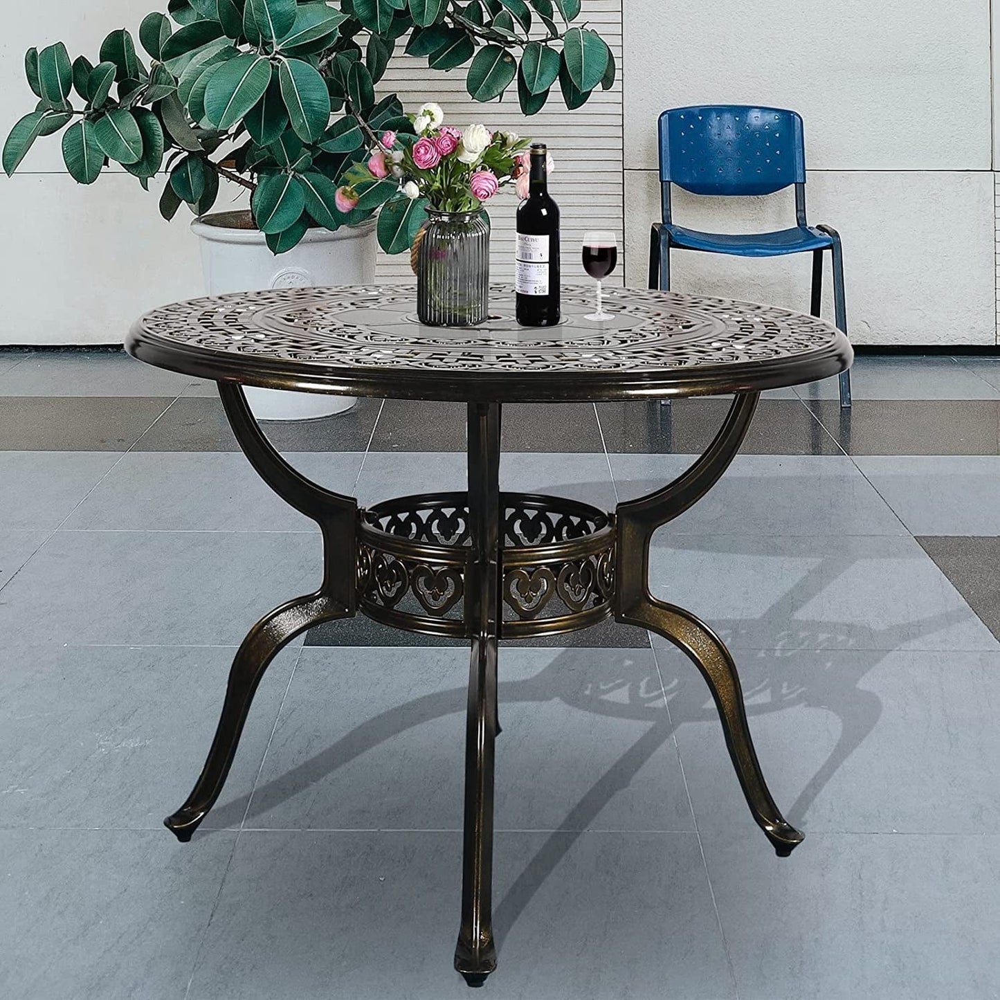 38.5 Inch Outdoor Dining Table Round Patio Table Bronze Cast Aluminum Rustic Large Table with Umbrella Hole