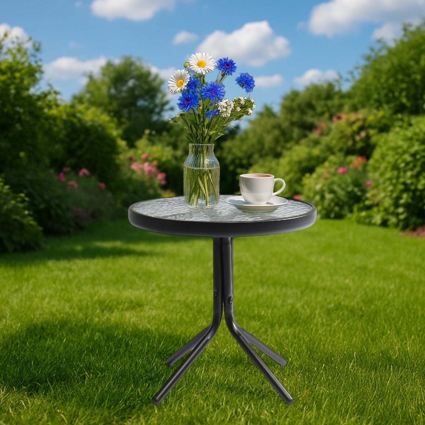 Zimtown 18" Round Tempered Glass Outdoor Patio Side Table, Metal Frame End Table, Black