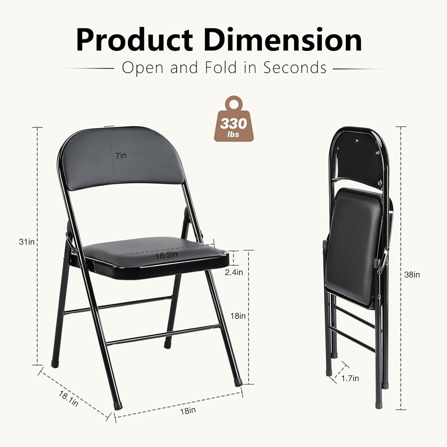 2-Pack Folding Chairs with Padded PU Leather Seat and Metal Frame, Indoor/Outdoor Use, Black
