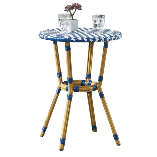 IVV 21.75โ Round Bistro Dining Table with Aluminum Frame and Rattan Top in Blue/White, French Country Style for Indoor/Outdoor Use