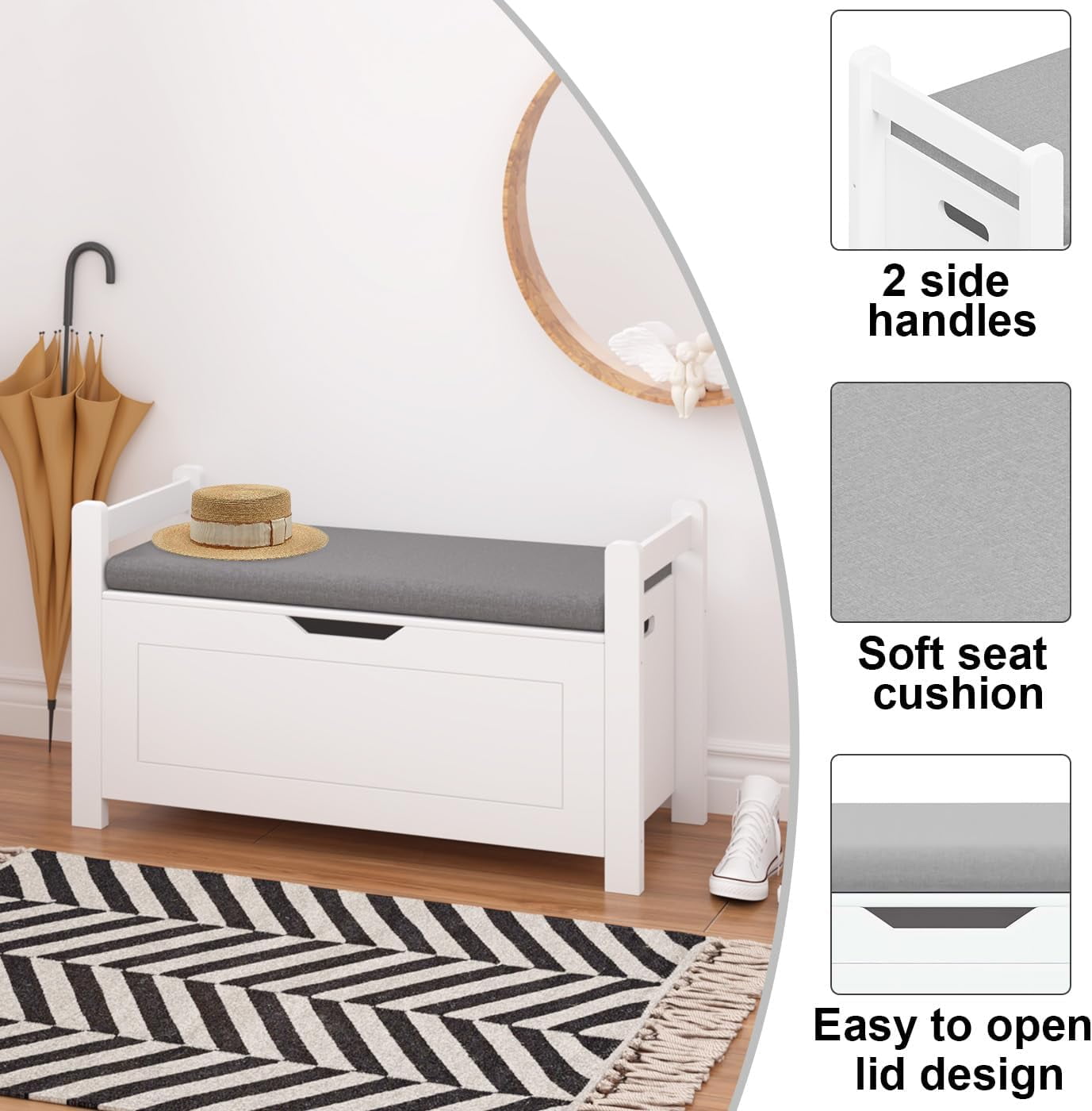 35"" White Entryway Storage Bench with Cushion - Wooden Toy Box with Safety Hinges, Shoe Bench for Living Room & Bedroom