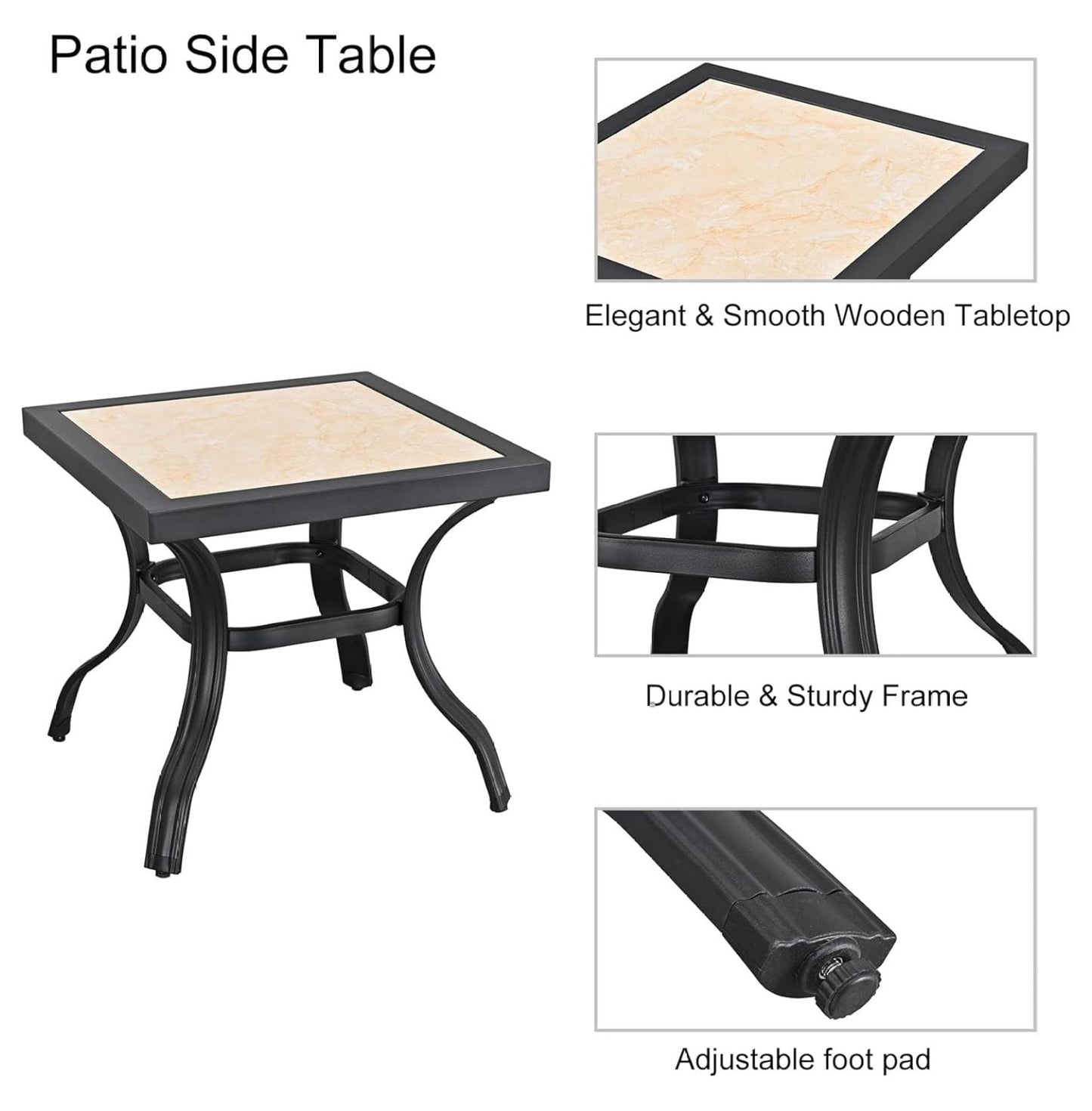 Outdoor Patio Bistro Side End Table Square Metal Frame Removable Tile Table Top Dining Coffee Table for Garden Swimming Pool Outdoor Patio Furniture Black