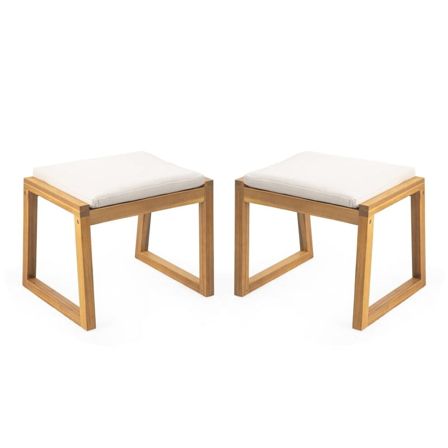 Acacia Wood Outdoor Ottoman Bench Set of 2, Waterproof Teak Finish Patio Footrest Stools with Beige Cushions, Modern Minimalist Pool Deck Seating for Garden, Backyard, 19.75" Height