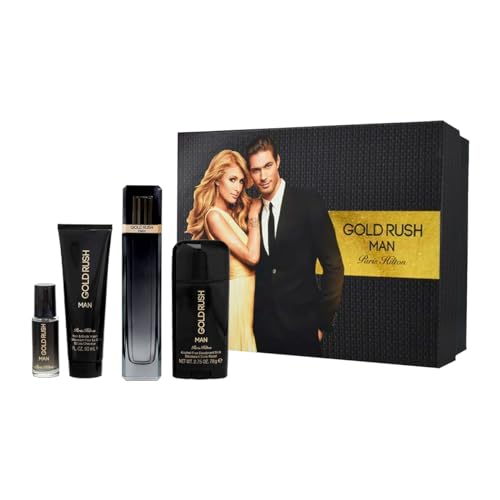 Gold Paris Hilton Gold Rush Man Men 3.4oz EDT Spray, 0.5oz EDT Spray, 3.0oz Hair Body Wash, 2.75oz Alcohol Free Deodorant Stick 4 Pc Gift Set , I0082720