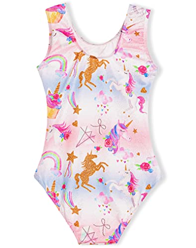 Domusgo Gymnastics Leotards for Girls 5-6 Years Old Pink White Unicorns Sparkly One Piece Tumbling Outfits