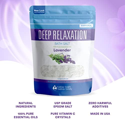 Deep Relaxation Bath Salt 32 Ounces Epsom Salt with Natural Lavender Essential Oil Plus Vitamin C in BPA Free Pouch with Easy Press-Lock Seal