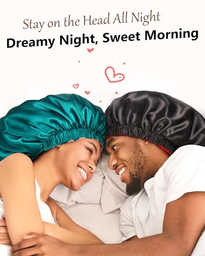 mikimini Satin Bonnet Pack of 2 for Men and Women, Reversible Double Layer Sleeping Silk Bonnet for Curly Hair Braids with Anti-Slip Adjustable Widened Elastic Band Super Large Soft (XL, Black/Red)