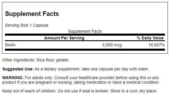 Swanson Biotin B7 Vitamin 5000 mcg 30 Capsules