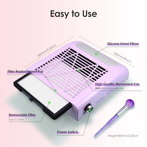 Nail Dust Collector for Arylic Gel Nail, 80W Nail Vacuum Dust Collector Extractor with Reusable Filter & Brush, Adjustable Electric Nail Fan Cleaner Machine for Nail Tech Manicure, Low Noise