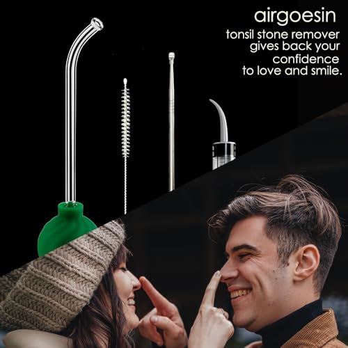 Airgoesin 3-In-1 Tonsil Stone Removal Remover Kit, Tonsil Stone Vacuum Suction Kit, Long Tonsil Stone Stainless Steel Pick 18cm/ 7” with Protection Cap, Curved Oral Irrigation Syringe 12ml with Scale