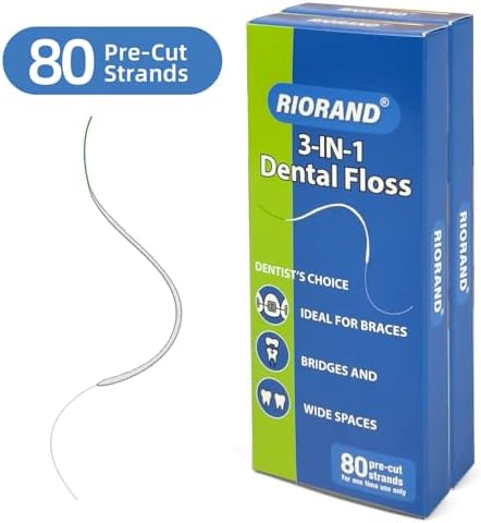 RioRand 3-in-1 Dental Floss for Braces - 80 Pre-Cut Strands with Floss Threaders | Orthodontic Floss for Effective Cleaning (Pack of 3)