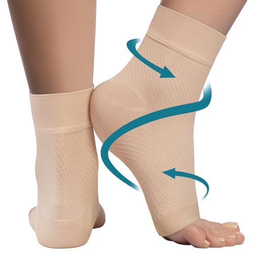 KEMFORD Ankle Compression Sleeve - Plantar Fasciitis Braces - Open Toe Compression Socks for Swelling, Sprain, Neuropathy, Arch Support for Men and Women - 15-20mmhg, L, Beige