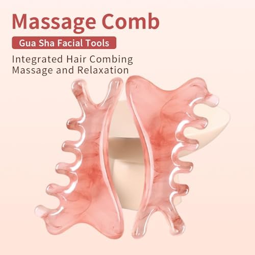 4-in-1 Massage Comb Pink Gua Sha Facial Tools Head Massage Combs Neck Body Face Eye Massager Tool for Body Tension Relief Promote Lymphatic Circulation Gifts for Women Men