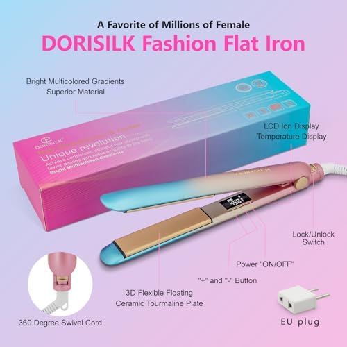 DORISILK Colorful Flat Iron 450 Degrees, Ceramic Hair Straightener and Curler 2 in 1, 30s Fast Heat Straightening Iron for Hair, Dual Voltage Hair Iron 1 Inch Salon Control Temp Gift for Women Girls