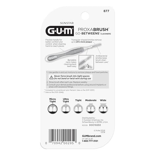 GUM Proxabrush Go-Betweens - Micro Tight - Interdental Brushes - Soft Bristled Dental Picks for Plaque Removal Health - Safe for Braces & Dental Devices, 10 Count(Pack of 4)
