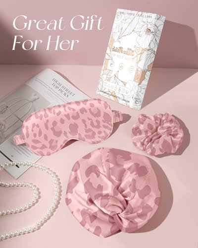 Silk Bonnet for Women - Mulberry Silk Sleep Cap for Hair Care with Eye Mask & Scrunchie 19 Momme Night Cap Sleeping Set with Elastic Stay On Head, Leopard