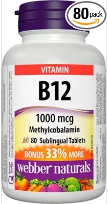 Webber Naturals B12, 1000 mcg Sublingual (Methylcobalamin), 80 Tablets Bonus Pack