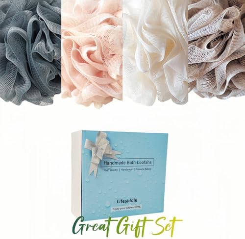 Loofah-Bath Sponge Set-Large, 4 Pack Bath Scrubbers, Soft Mesh Family Use Puff-Cleansing Body Scrub for Men and Women: Skin Soothing Exfoliation Tools (Dark Blue-White-Pink-Light Brown-60g)